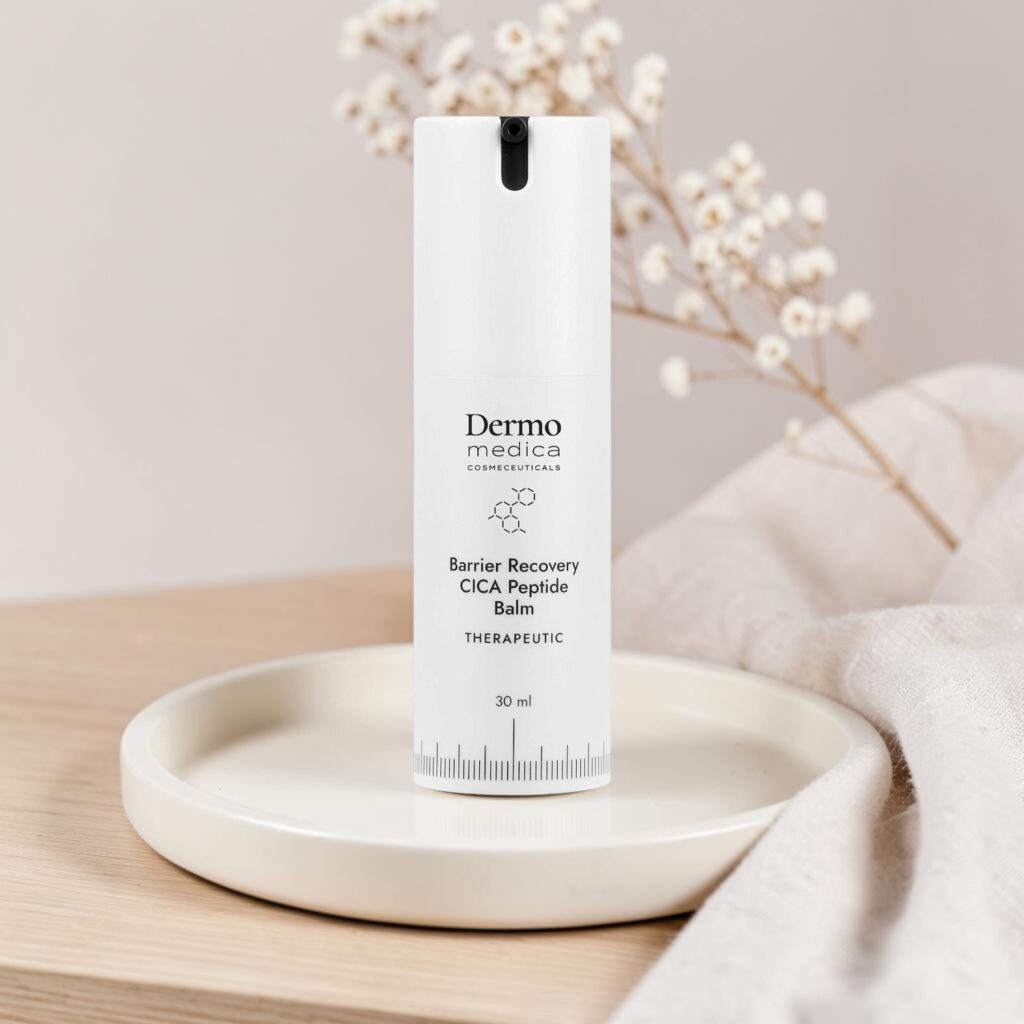 Dermomedica Barrier Recovery CICA Peptide Balm na ceramicznej podstawce, w tle len i suszone kwiaty