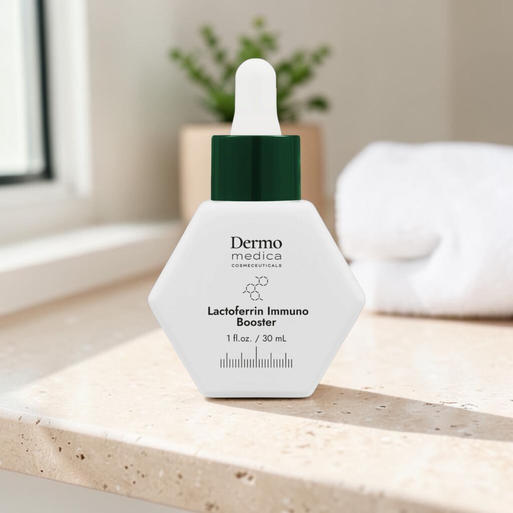Dermomedica Lactoferrin Immuno Booster na kamiennym blacie w łazience, w tle ręczniki i roślina